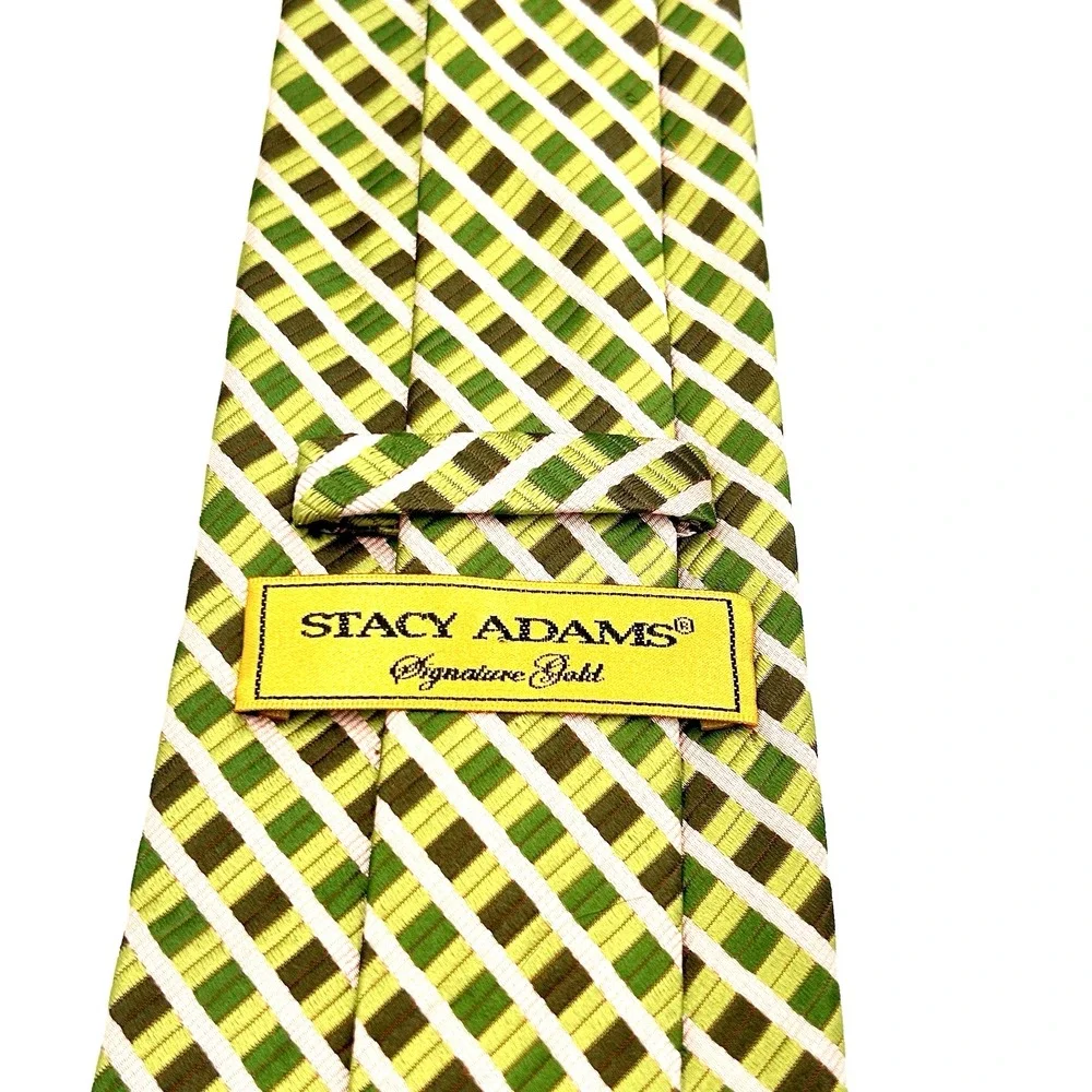 Stacy Adams Sign Gold 100% Silk Hand Made Mens Necktie Green Tonal Stripe 4W 60L